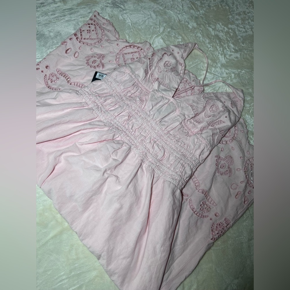 NWT Future Collective Light Pink Scalloped Eyelet Maxi A-Line Dress, Smocked - Picture 13 of 15